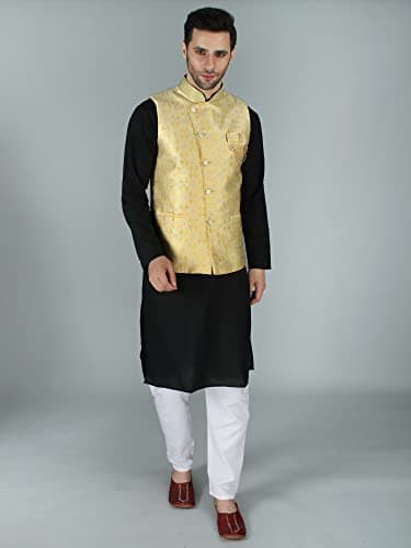 Exotic India Assymetric Jacquard silk modi Jacket waist coat with gold Enamel buttons 2