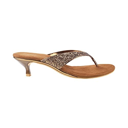 Mochi Women's Antic Gold Kitten Heel Slip On Sandals | 2 Inch Height | Synthetic Sequin Embellished Party Footwear | Lightweight Comfort | Stylish Party Festive Wear | UK 5 2