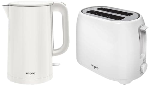 Wipro Elato BK 210 Cool Touch 1.8 L Electric Kettle,1000 Watts, White + Wipro Vesta BT 101 750W 2 Slice Pop up Toaster, White (Breakfast combo set)