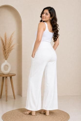 LENAM Soft Cotton Lycra Stretchable Maternity Palazzo with Double Pockets and Full Belly Coverage (in, Alpha, M, Regular, White) 2