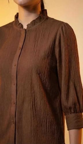 Messica Women Brown Solid Cotton Blend Knitted Top | Ruffle Neck | 3/4 Sleeve | Regular Fit Casual Office Wear Top (in, Alpha, M, Regular, Brown) 3
