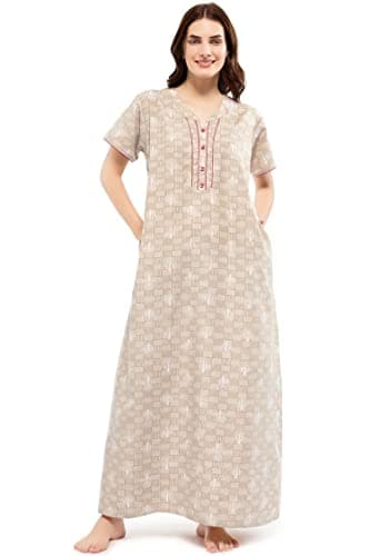 ZEYO Women Polyester Maxi Beige Leaf Printed Nighty Night Gown 5684, Medium