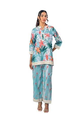 India Circus by Krsnaa Mehata Blue Floral Floats Co-Ord Set Size 36 for Women Stylish Kurta Set Ethnic Printed Co-Ord Set
