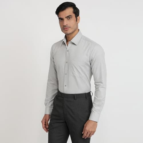 Raymond Men Regular Fit Structure Pattern Pure Cotton Semi Cutaway Collar Full Sleeve Formal Shirt Grey 2