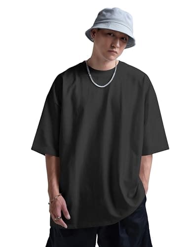BEWARE COTTON Men's sSolid 100% Cotton T-Shirt - Oversized, Round Neck, Half Sleeves (in, Numeric, 38, Regular, Black) 2