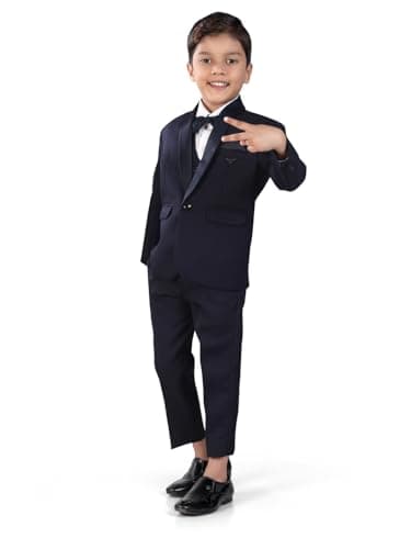 Earth Conscious Boys Suit Set | Navy Blue Full Sleeve Blazer with White Shirt, Waistcoat, Bow-Tie & Pants | Premium Ethnic Wear for Kids | Perfect for Weddings | for Baby Boys 10-11 Years