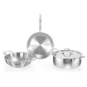 Sumeet Cook Smart TriPly Stainless Steel 4Pc Induction Base Cookware Set of Deep Kadai - 20cm - 1.7L, Frypan - 20Cm - 1 LTR, Casserole - 20cm - 2.9Ltr & Steel Lid, Pack of 4, Silver