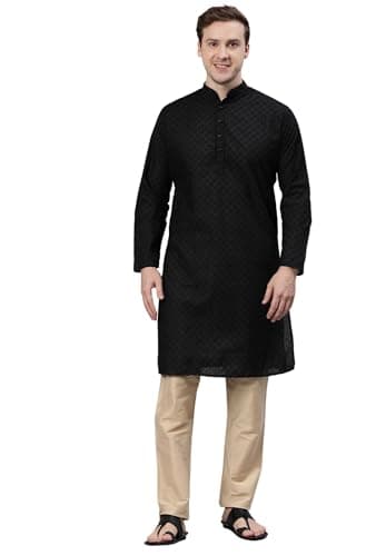 Majestic Man Polyester Mandarin Collar Ethnic Motifs Embroidered Long Regular Fit Kurta (Black, Large, Men)