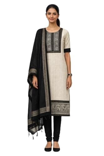 Indian Heritage King Queen Print Summer Jute Cotton Ethnic Wear Churidar Dress Material Set Suit with Dupatta & Pant (White and Black)