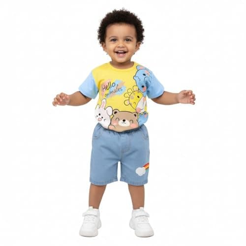 Krishn Creations Cotton Kids Clothes for Boys | Casual Printed Tshirt with Denim Short Summer Wear for Baby Boy (Yellow, 0-1 year)