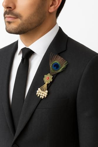 Men’s Peacock Feather Brooch Set of 2 with Pearl Tassel | Premium Designer Lapel Pin for Sherwani, Suit & Blazer | Wedding Groom Ethnic Accessories Combo 4