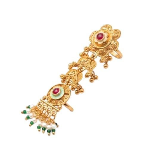 Iksava Traditional Gold Plated Meenakari Adjustable Floral Desgin Statement Double Finger Ring for Women and Girls | Bridal Ring for Women