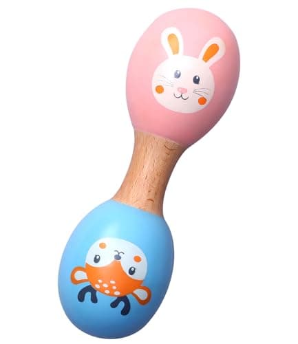 Intellibaby Wooden Dumbbell Handheld Rattle for Babies, Non-Toxic & Smooth Finish Baby Rattle Toy, Sensory & Motor Skill Infant Toy, Animal Print Infant Toy for 0+ Months, Ideal Gift for Baby Boys & G 2