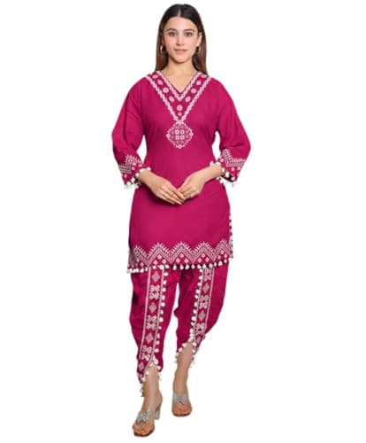 HE TE SHE Women Cord Set with Dhoti Embroidered Mirror Work Ethnic Fusion Outfit Stylish Traditional Indo Western Dress Festive Comfortable Designer Clothing Magenta - 2XL