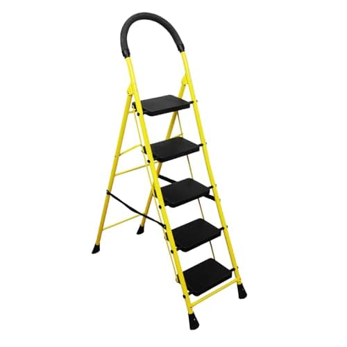 BonKaso Mild Steel Multipurpose Climb Swift 5-Step Foldable Ladder with Safety Clutch Lock, Load Capacity Upto 120kg – Anti-Slip Designed for Indoor & Outdoor Use - (Yellow & Black)