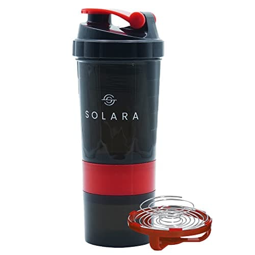 SOLARA 650 ML Protein Shaker Bottle, Gym Bottle, Two layer Extra storage for Protein Powder & Nuts | Mobile app with 50+ Home fitness videos eBooks | Black & Red (Tritan, Pack of 1)