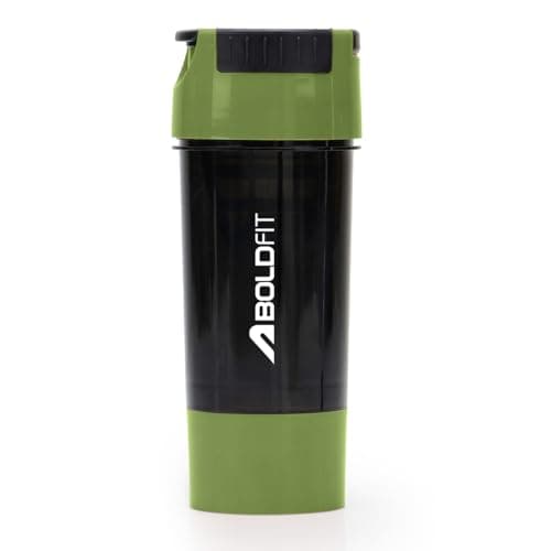 Boldfit Gym Shaker Pro Cyclone Shaker Bottle 500ml with Extra Compartment, Leakproof, Sturdy Ideal for Protein Supplement, Preworkout and BCAAs, BPA Free Sipper Bottle Shaker bottle for Gym Army Green