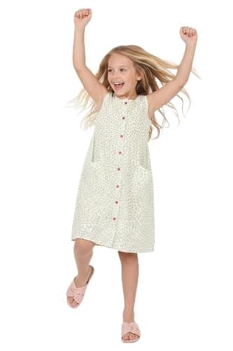 CMMCHAAH Girl's 100% Cotton Floral Sleeveless Frock – Summer A-Line Dress with Front Buttons and Dual Pockets – White/Multi