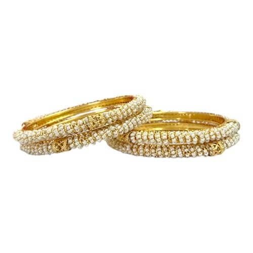 ACCESSHER Traditional Gold Plated Bangles With Beaded White Faux Pearl For Women and Girl (Set of 4) (2.6)