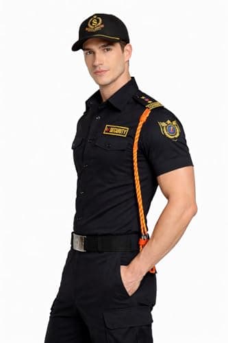 Men's Black Security Uniform Shirt, Short Sleeve with Gold Embroidered Patches and Epaulettes (in, Alpha, L, Regular) 3