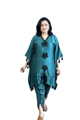 Women's Fusion Coord Set – Premium Kaftan Top with Handwork & Tassel Details and Lace Tulip Pants – Chic Ethnic Indo-Western Outfit for Parties & Festive Occasions (Standard, Ocean Blue, XL)