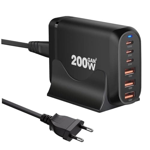 MX 200W GaN USB C Charging Station, 6-Port Desktop Charger with PD 100W Type C Power Supply QC3.0 Fast Charging for MacBook Pro 16"/Air, Dell XPS, iPad Pro, iPhone 17/16/15, Galaxy S25/S24