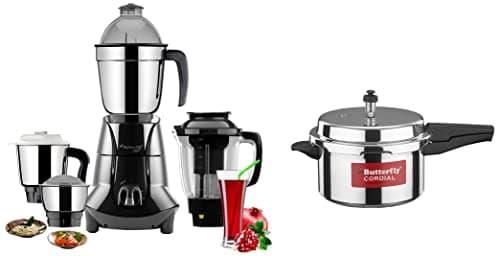 Butterfly Jet Elite Mixer Grinder, 750W, 4 Jars (Grey) & Cordial Non Induction Base Aluminium Pressure Cooker with Outer Lid, 5 Litres, Silver