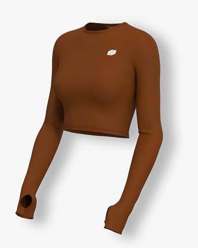 Sfytt Women's Activewear Crop Top, Long Sleeve with Thumbholes, Performance Gym Workout Top, Athletic Yoga Top, Clay Brown, Large 2