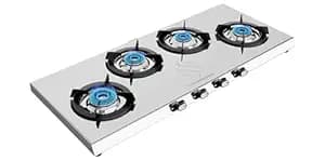 Sunshine Falcon Plus 4 Burner Gas Stove | 5 Year Warranty on Burner and Body | 2 Year Warranty with Doorstep Service | ISI Certified | Manual Ignition | LPG Ready and PNG Compatible, (Silver)