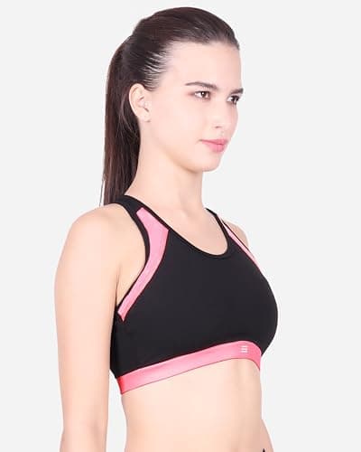 LACTRA Women's Sports Bra | Contrast Panel T-Back Sports Bra | Removable Padded Activewear Bra for Gym, Yoga, Running & Workout Black 3