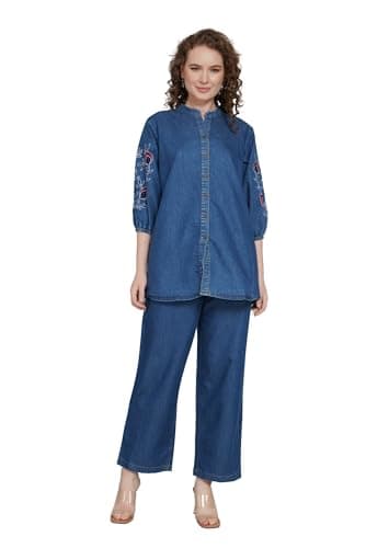 CREATIVE KURTI PALACE Blue Denim Co-ord Set for Women – Top & Bottom Combo | Mandarin Collar Kurta with Pants – Everyday Comfort | (IN, Alpha, 2XL, Regular, Denim Blue)
