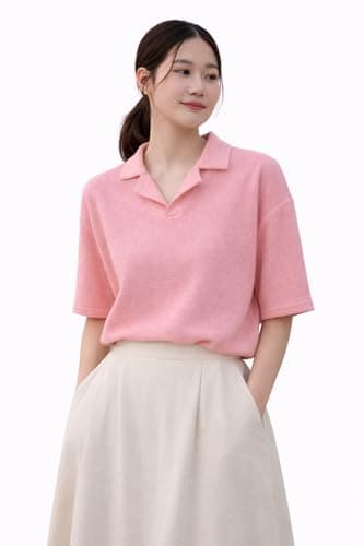 Zilcon Women’s Elegant Polo Neck Short Sleeve White T-Shirt | Minimal Casual Wear(Pink_S (s))