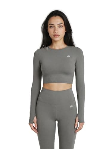 Sfytt Women's Activewear Crop Top, Long Sleeve with Thumbholes, Performance Gym Workout Top, Athletic Yoga Top, Slate Grey, Small