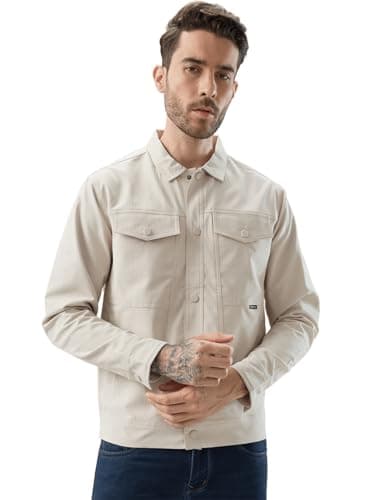 Status Quo Men's Solid Textured Utility Shacket with Button Detailing | 100% Polyester | BEIGE | XL Size