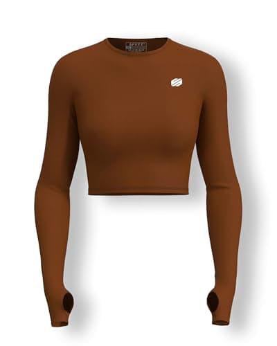 Sfytt Women's Activewear Crop Top, Long Sleeve with Thumbholes, Performance Gym Workout Top, Athletic Yoga Top, Clay Brown, Large