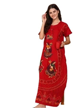 Women's Cotton Maternity Nightdress, Maxi Length Nighty, Printed (RED, L)