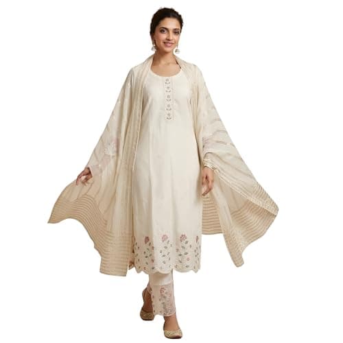INBMORA Women Pure Mal Chanderi Kurta Pant Dupatta Set | White Embroidered Ethnic Suit Set for Women | Floral Embroidery Kurta with Mul Cotton Dupatta (IN, Alpha, 2XL, Regular)