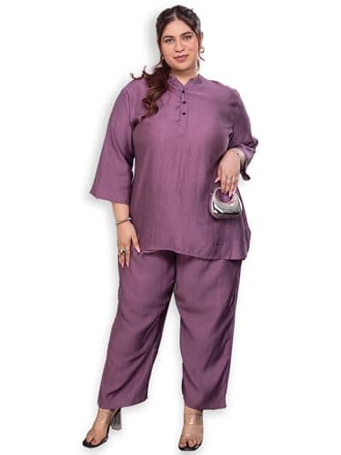 TITTLI Rose Colour Rayon Co-Ord Set | Plus Size Mandarin Collar Tunic with Three-Quarter Sleeves & Elastic Waist Trousers for Women | Casual Outfit (Rose, 5XL)