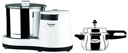 Butterfly ABS Smart Wet Grinder, 2L (White), 150 Watt & Curve Pressure Cooker, 3 Litre & Jet Elite 750-Watt Mixer Grinder (Grey)