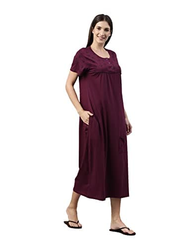 KRYPTIC Womens Burgundy Printed Pure Cotton Maxi Nightdress(Burgundy-L) 2