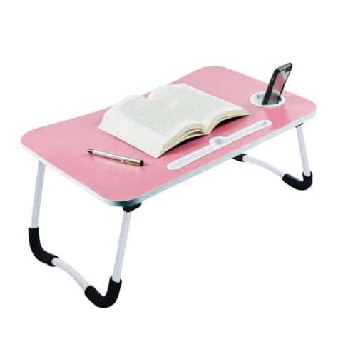 Plain Wooden Sturdy Laptop Table | Portable Foldable Study Desk | Bed Table for Laptop, Study, Reading, Writing, Home, Office & Students (Pink - Plain)