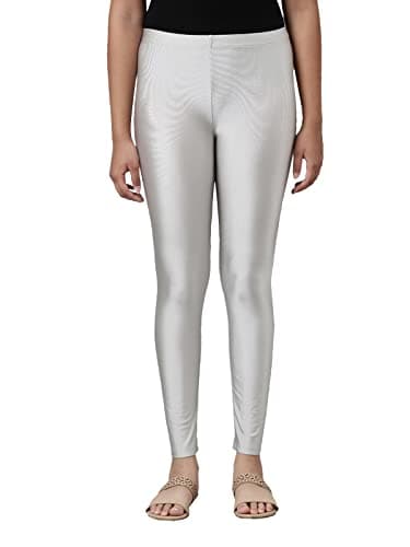 GO COLORS Girls Slim Fit Nylon Shimmer Leggings (Silver_8 Years)