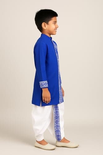Boys' Traditional Jamdani Border Cotton Kurta with Silk Dhoti Set, Ages 2-14 Years, (Blue, 7-8 Year) 4