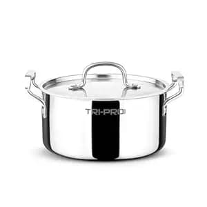 Bergner TriPro Tri-Ply Cook and Serve 22cm Casserole/Biryani Pot/Handi with Stainless Steel Lid, 4 litres Tri-Ply Casserole, Less Oil Use, Healthy Cooking - Induction and Gas Stove Ready