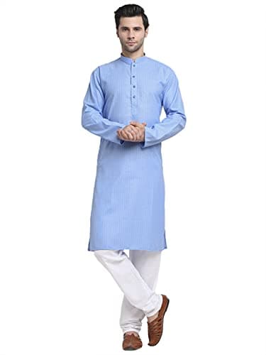 KRAFT INDIA Men Cotton Striped Blue Kurta Pyjama Set Size Large