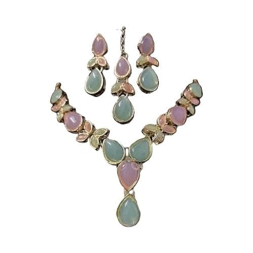 Alloy Multi Stone Necklace Earrings Maangtika Set Adjustable Ethnic Jewellery Women Festive Multi Free Size