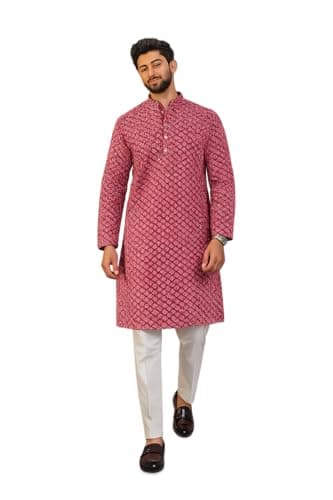 LookMark Men’s Printed Silk Blend Kurta with Mandarin Collar, Full Sleeves, Straight Fit Traditional Ethnic Wear-(AZ-LM-OG1-KURTA 33 Maroon-M)