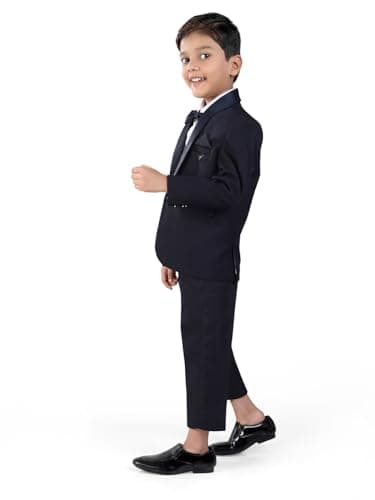 Earth Conscious Boys Suit Set | Navy Blue Full Sleeve Blazer with White Shirt, Waistcoat, Bow-Tie & Pants | Premium Ethnic Wear for Kids | Perfect for Weddings | for Baby Boys 11-12 Years 5