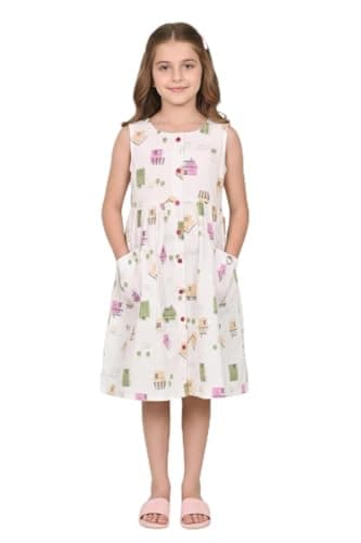 Cloth Bites Girl's 100% Pure Cotton Sleeveless A-Line Frock - Casual Summer Button-Down Dress with Pockets & Quirky House Print White