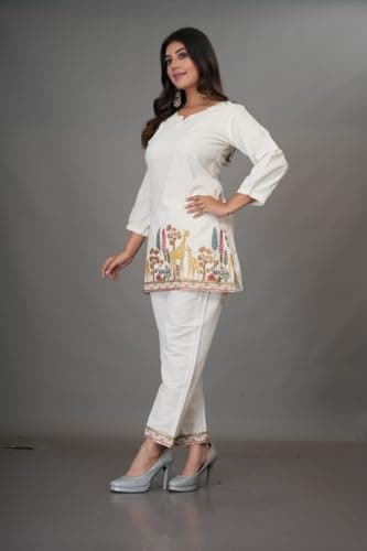 Birdhaus s Women's Khadi Cotton Embroidered Co-Ord Set | Ethnic Tunic Kurta with Pant| Floral Bird & Elephant Embroidery | V-Neck | 3/4 Sleeve | Casual Office Wear (Pack of 1) (3161-2XL) 5